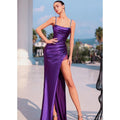 Straps Purple Satin Pleats Long Prom Dress with Split Evening Gowns