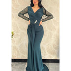 V-Neck Long Sleeves Sequined Beaded Ruched Satin Sheath Evening Dress