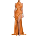Unique High Neckline Pleats High Split Long Prom Formal Dress
