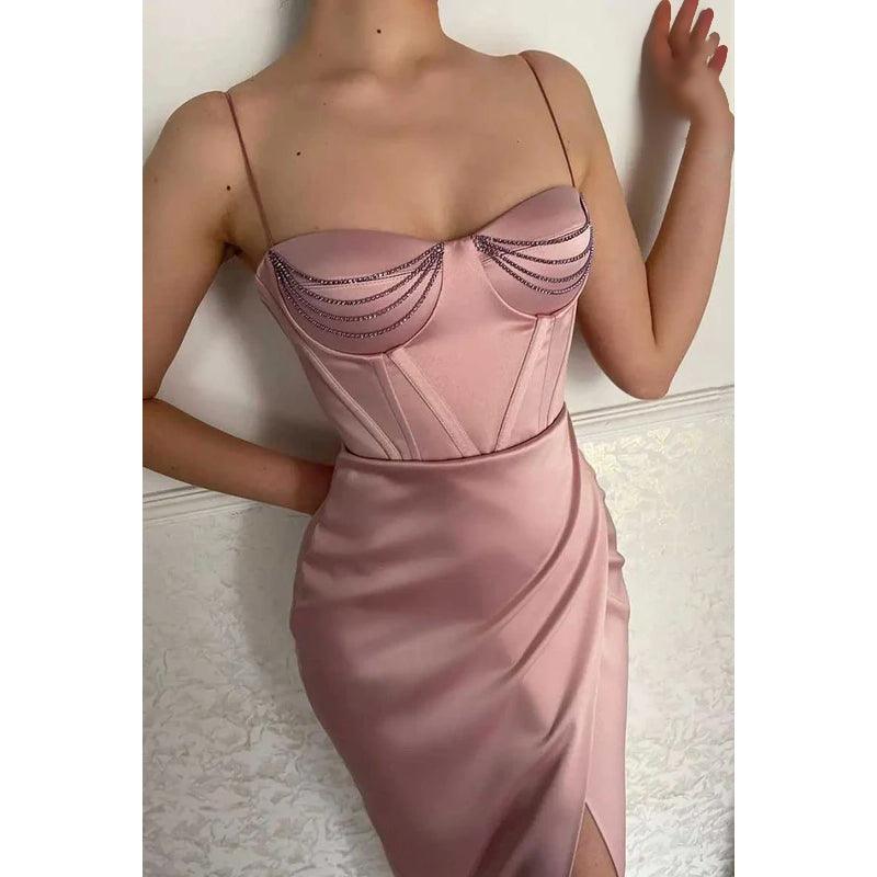 Sweetheart Spaghetti Straps Beaded Ruched Prom Dress With Slit
