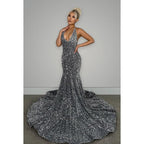 Vestido de noche largo de sirena con escote en V, espalda descubierta, lentejuelas y cola larga