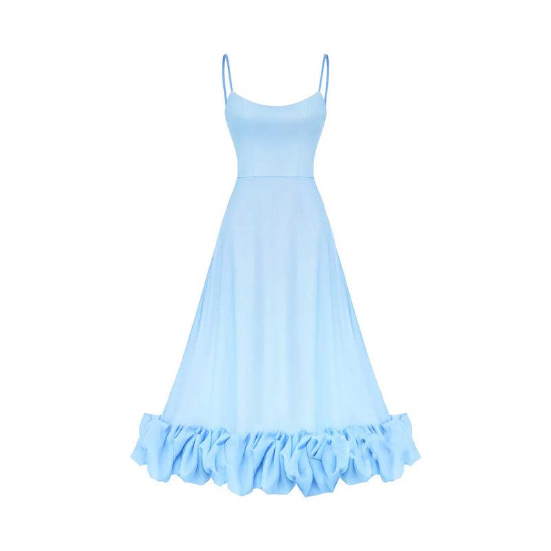 Vestidos de noche formales largos con tirantes finos y volantes redondos 