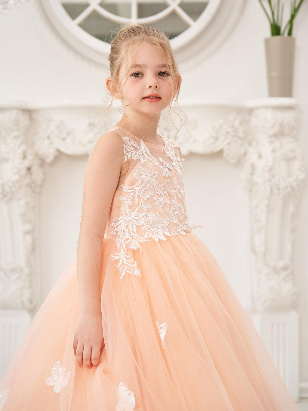 Elegante vestido de tul sin mangas estilo princesa de corte A para niña de las flores 