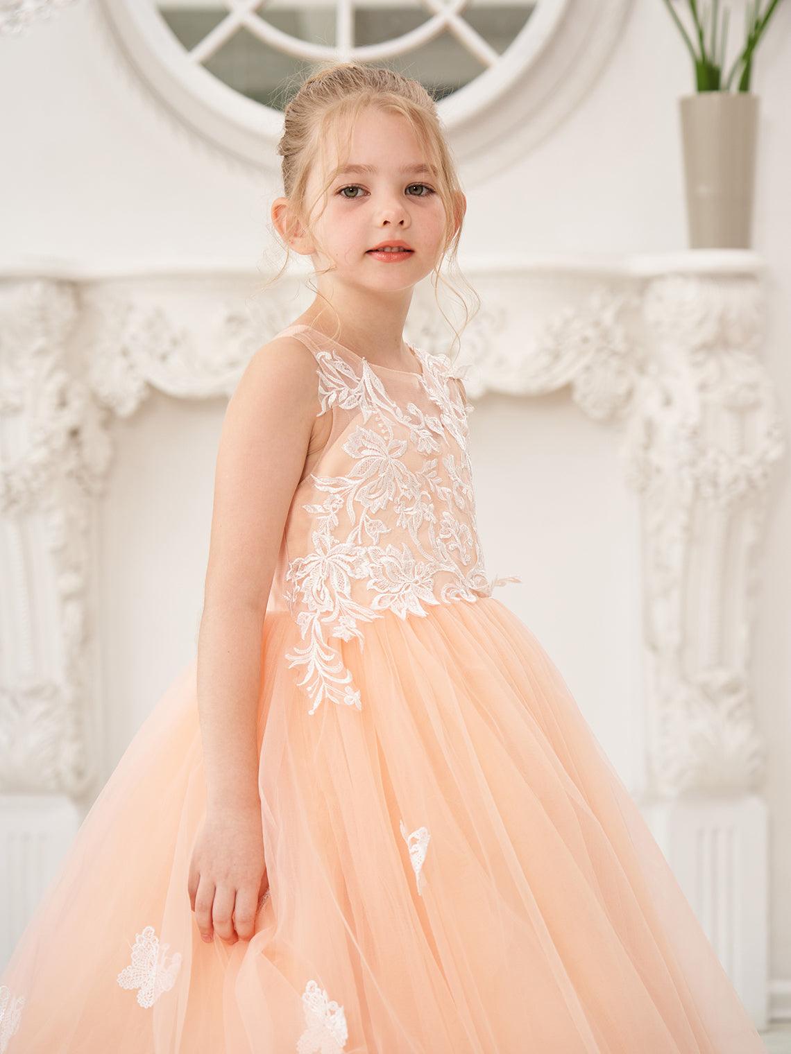 Elegante vestido de tul sin mangas estilo princesa de corte A para niña de las flores 