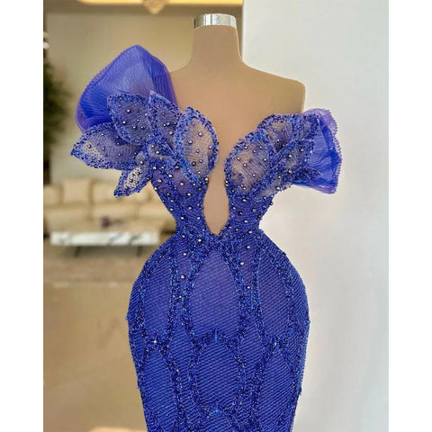 Sheath Off-shoulder Bead Embroidery Illusion Floral Blue Long Prom Evening Dress