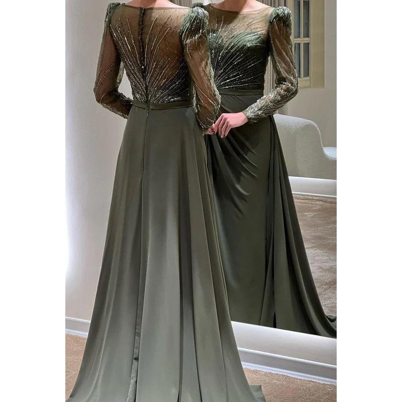 Vestido de noche largo de fiesta con cuello redondo, mangas largas y cuentas, corte A