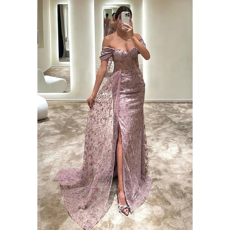 Vestido formal de noche con escote tubo y hombros descubiertos, apliques de tul y lentejuelas