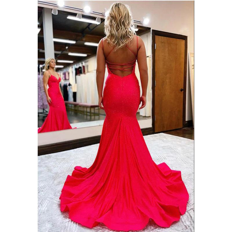 Vestido largo de sirena con escote en V y tirantes cruzados para fiesta de noche o graduación