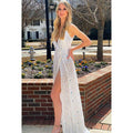 V-Neck Sequined Sparkly A-Line Long Prom Dress With Slit