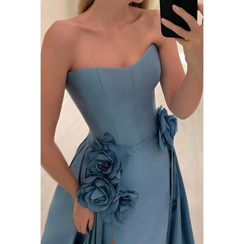 Vestido de noche de satén con escote en forma de A, estampado floral y abertura para fiesta de graduación 
