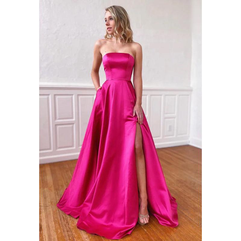 Vestido de noche largo de satén con cordones, sin tirantes y corte A, con abertura