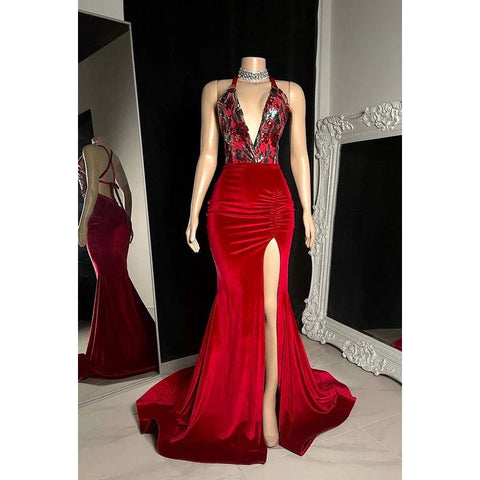 Sexy & Hot Halter V-neck Sleeveless Criss-Cross Straps Mermaid Slit Ruched Prom Dress