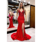 Vestido de fiesta de noche con escote en V, corte sirena, tirantes finos e informal, sencillo y elegante