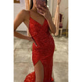 Vestido de fiesta de sirena plisado con lentejuelas rojas y escote en V sexy con abertura