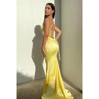 Plunging V-neck Yellow Long Prom Dress