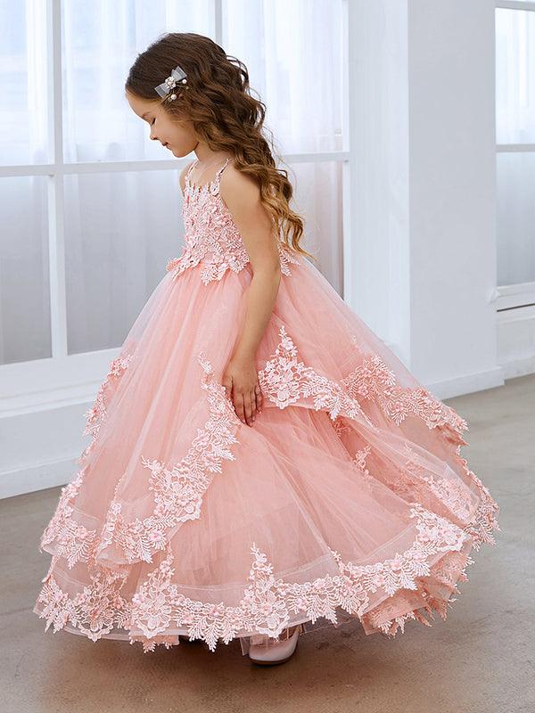 Vestido de princesa de tul sin mangas con apliques de encaje y cola larga para niñas 