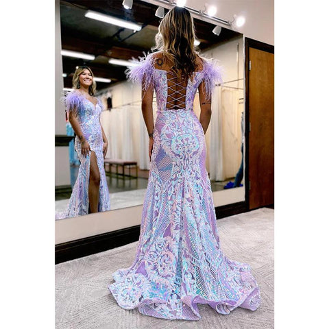 Sexy V-neck Sequins Appliques Feathers Mermaid Long Prom Dress with Slit