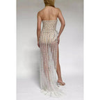 Sweetheart Strapless Beaded Sequins Sheer Tulle Sheath Long Prom Evening Dress