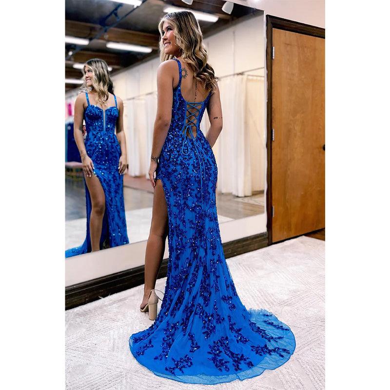 Vestido de fiesta largo con escote en V pronunciado, apliques de lentejuelas y abertura