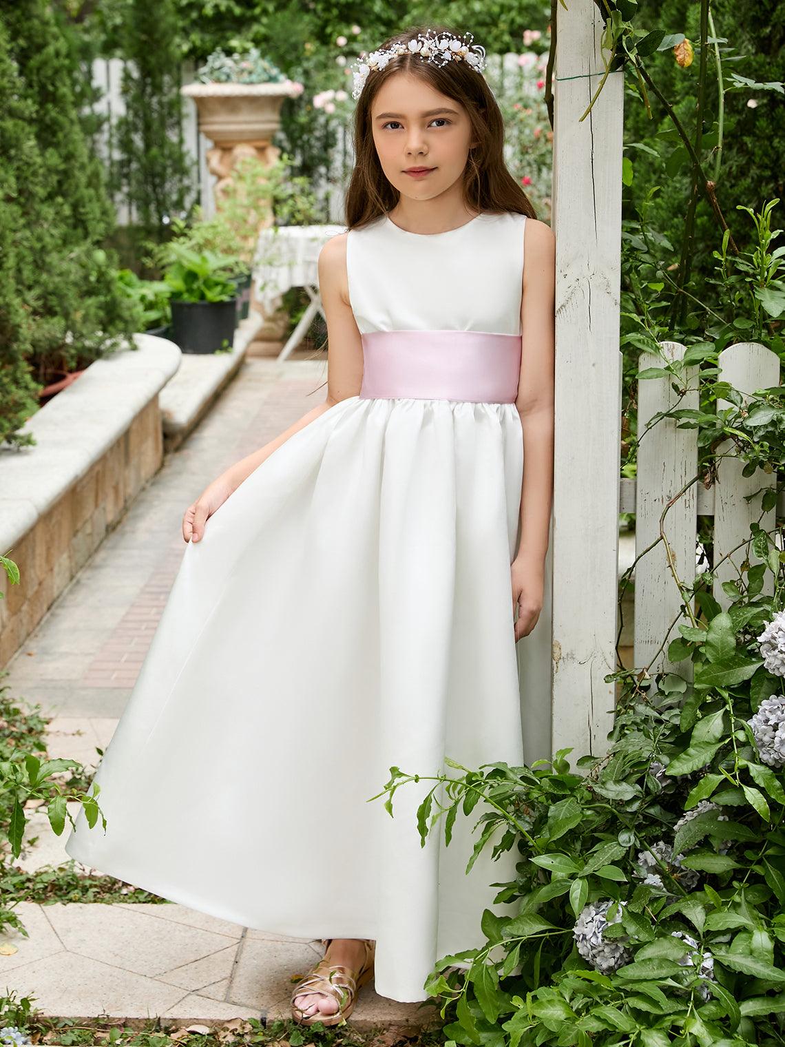 Vestido de fiesta para niña de las flores de satén color marfil con lazo | Vestido de tul hasta los tobillos (010007314) 