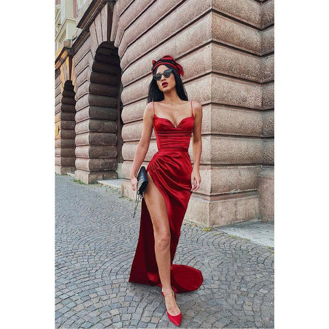 Vestidos de fiesta largos de sirena con tirantes finos, pliegues y abertura alta para mujer