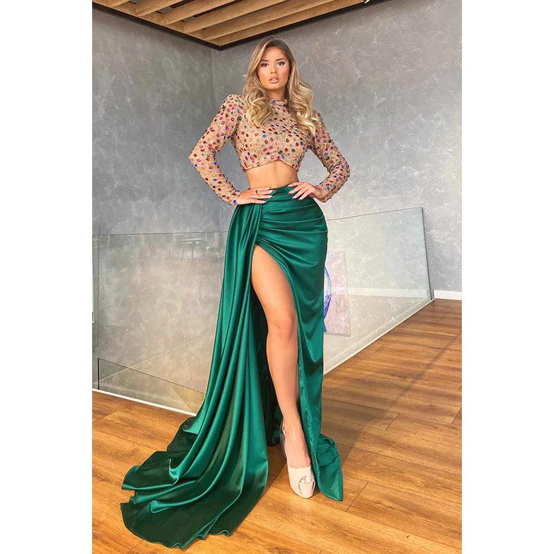 Glamouröses, dramatisches, langärmliges, gerüschtes, hohes, seitliches Schlitzkleid für formelle Partys und Abschlussbälle mit Juwelen 