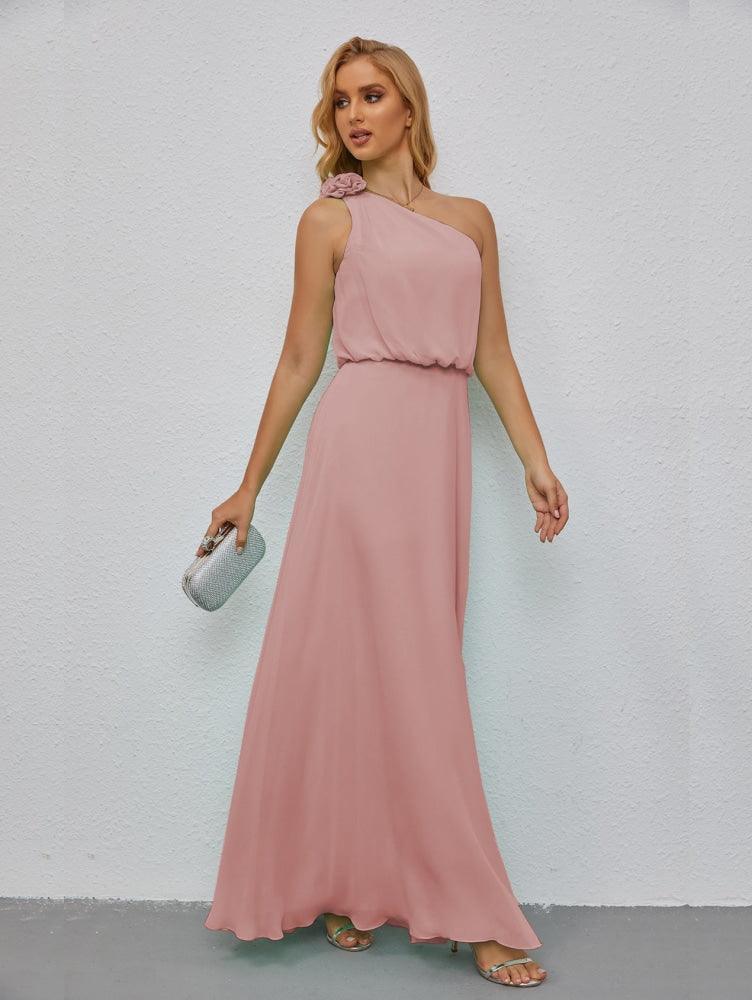 Ruffled One Shoulder Sleeveless Long Bridesmaid Dresses A-line Formal Evening Gown Side Split 28080-numbersea