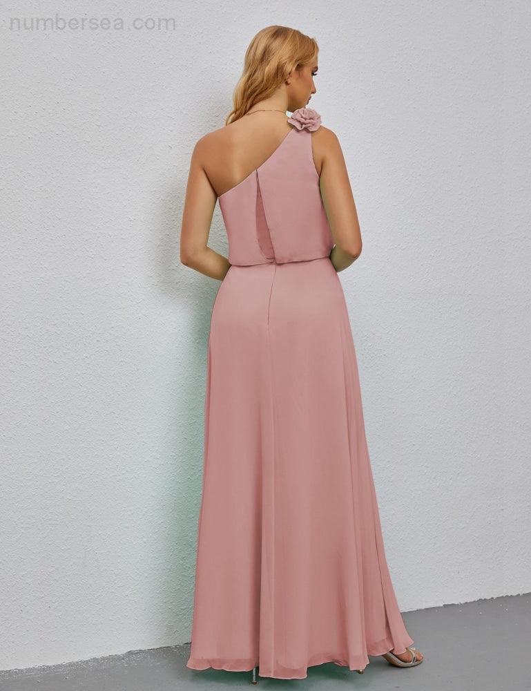 Ruffled One Shoulder Sleeveless Long Bridesmaid Dresses A-line Formal Evening Gown Side Split 28080-numbersea