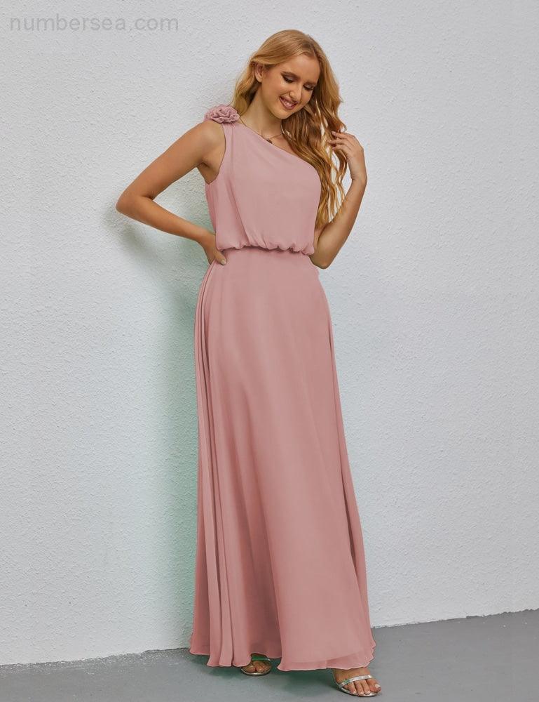 Ruffled One Shoulder Sleeveless Long Bridesmaid Dresses A-line Formal Evening Gown Side Split 28080-numbersea