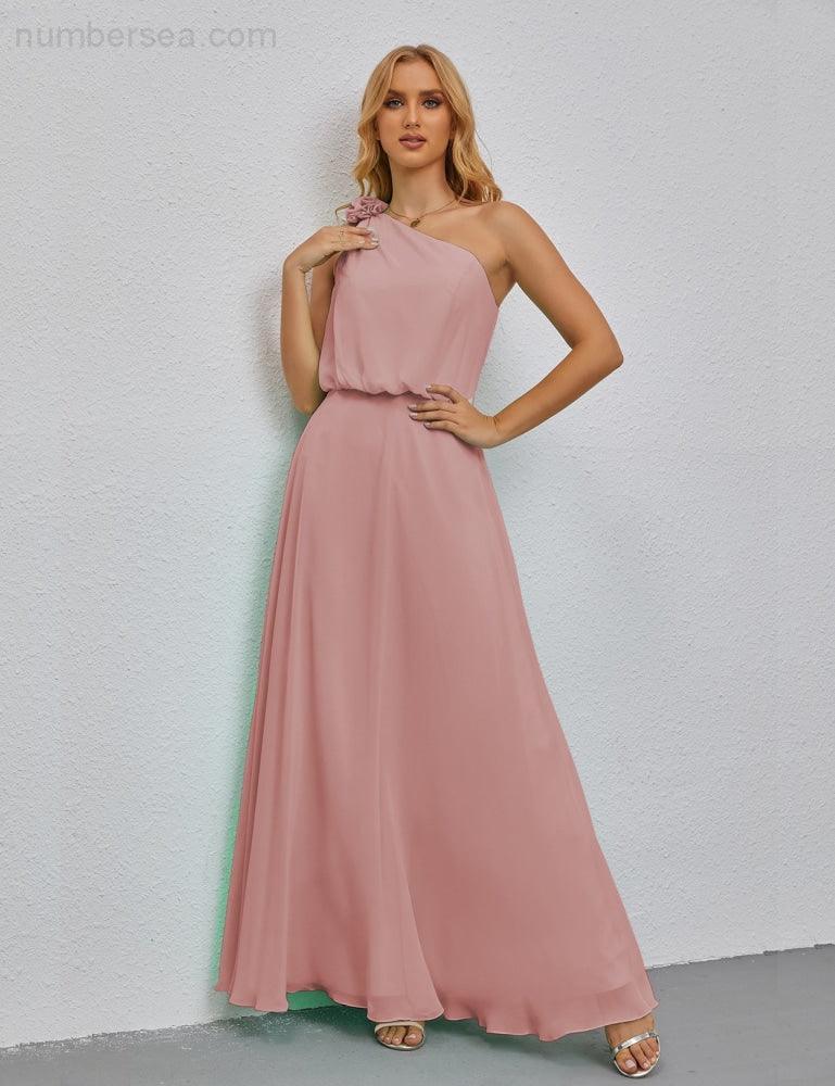 Ruffled One Shoulder Sleeveless Long Bridesmaid Dresses A-line Formal Evening Gown Side Split 28080-numbersea