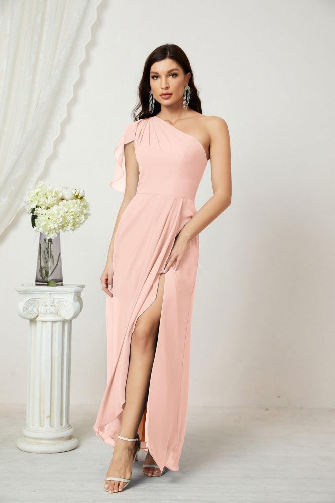 Numbersea Chiffon Ruffled One Shoulder Long Bridesmaid Dresses A-line Formal Evening Gown Side Split 2809-numbersea