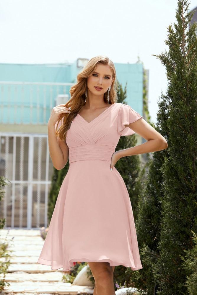 Neck Chiffon Bridesmaid Dresses Formal Cocktail Prom Gown Homecoming 28013 Silver Pink