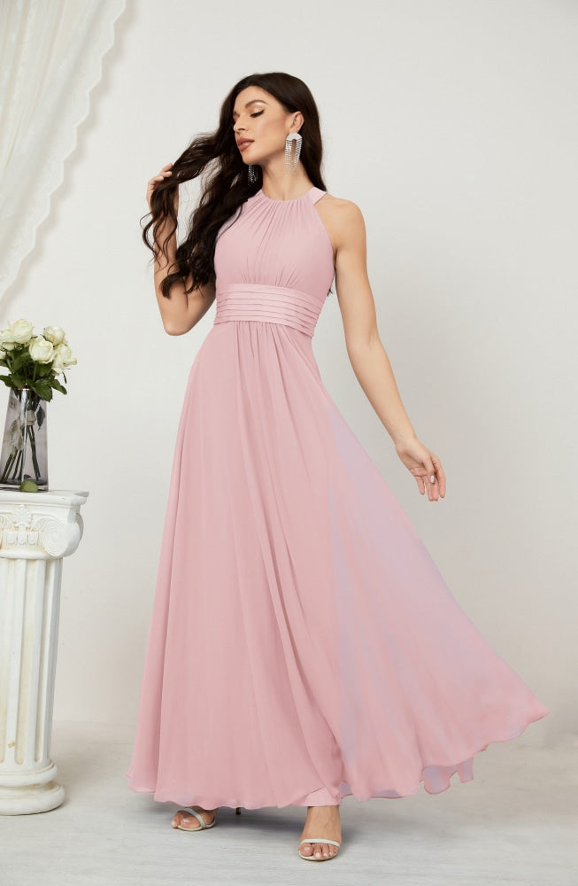 Numbersea Formal Party Gown Dress Chiffon Halter Long Sleeveless Bridesmaid Dresses 2802 Silver Pink
