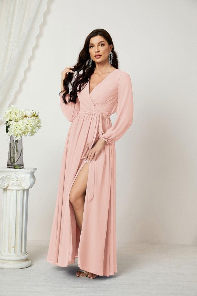 Numbersea Evening Dresses Deep V-Neck Chiffon Bridesmaid Dresses Long Bishop Sleeve Side Split Formal Dress 2806-numbersea