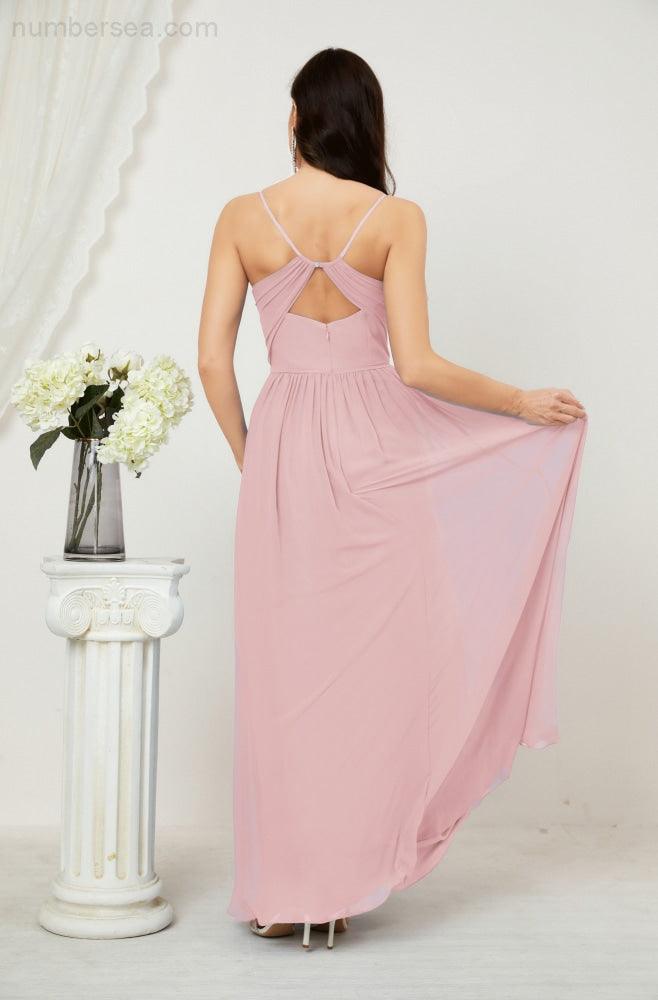 Numbersea Neck Bridesmaid Dresses Chiffon Long Spaghetti A-line Formal Prom Gown for Wedding Party Evening 2801-numbersea
