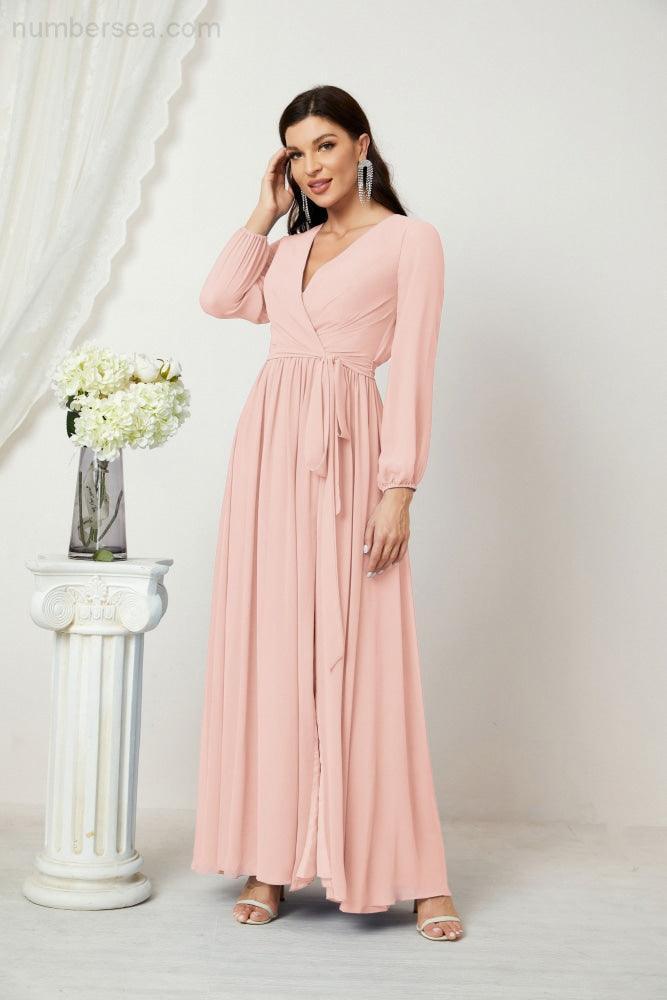Numbersea Evening Dresses Deep V-Neck Chiffon Bridesmaid Dresses Long Bishop Sleeve Side Split Formal Dress 2806-numbersea