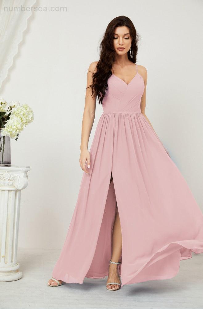 Numbersea Neck Bridesmaid Dresses Chiffon Long Spaghetti A-line Formal Prom Gown for Wedding Party Evening 2801-numbersea