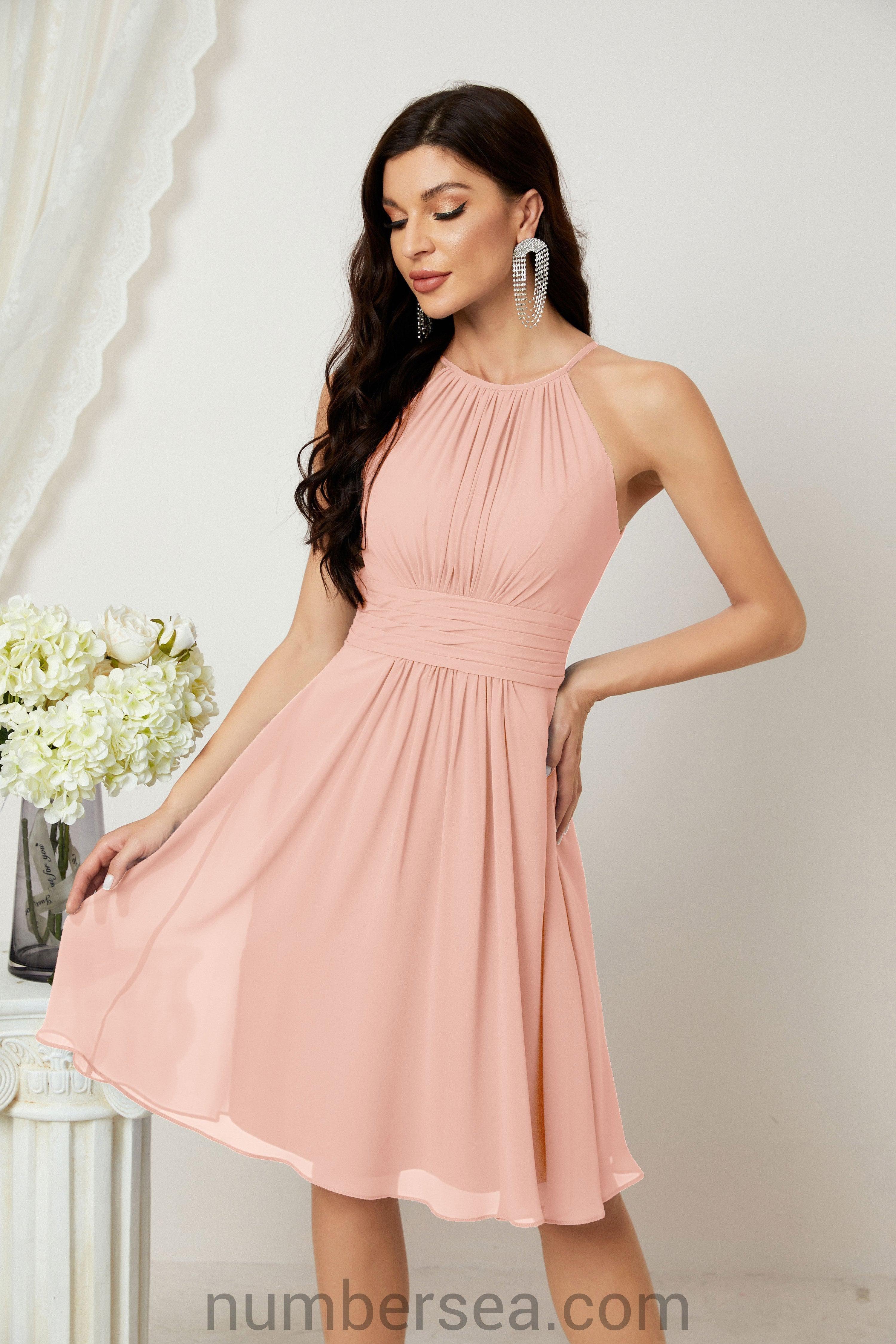 Halter Bridesmaid Dresses Knee Length A Line Formal Evening Party Cocktail Dress 28011
