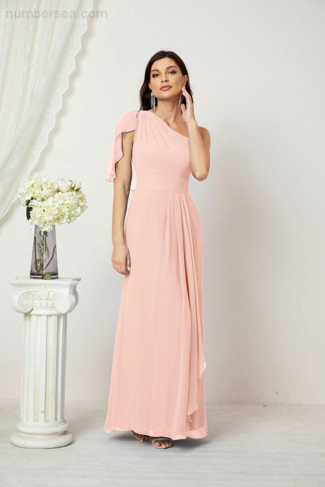 Numbersea Chiffon Ruffled One Shoulder Long Bridesmaid Dresses A-line Formal Evening Gown Side Split 2809-numbersea