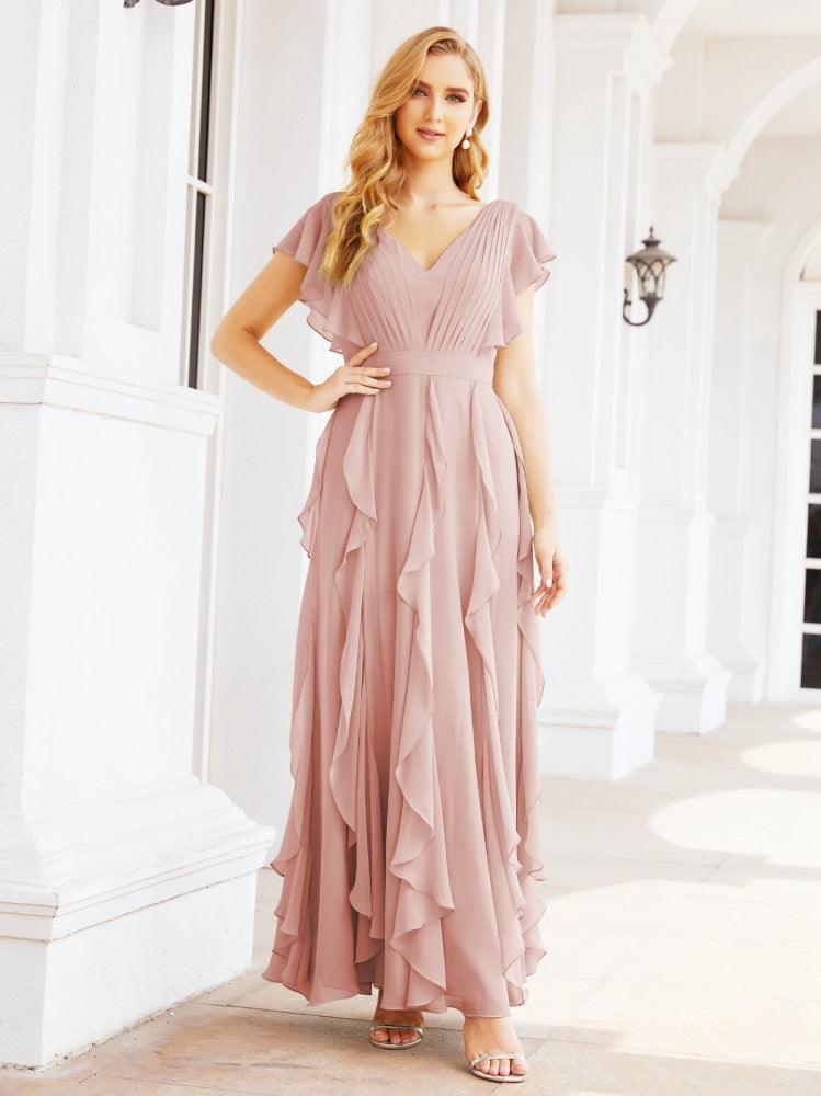 Ruffled Bridesmaid Dresses with Sleeves Long Formal Party Dress 28041-numbersea