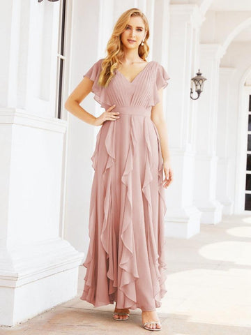 Ruffled Bridesmaid Dresses with Sleeves Long Formal Party Dress 28041-numbersea