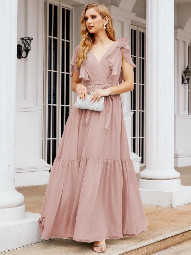 Numbersea Women's Open Back Formal Evening Party Prom Gowns V-Neck Long Chiffon Bridesmaid Dresses with Waist Belt 28038-numbersea