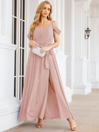 Numbersea Off The Shoulder Chiffon Bridesmaid Dress Long Formal Graduation Gown with Cowl Back 28069-numbersea