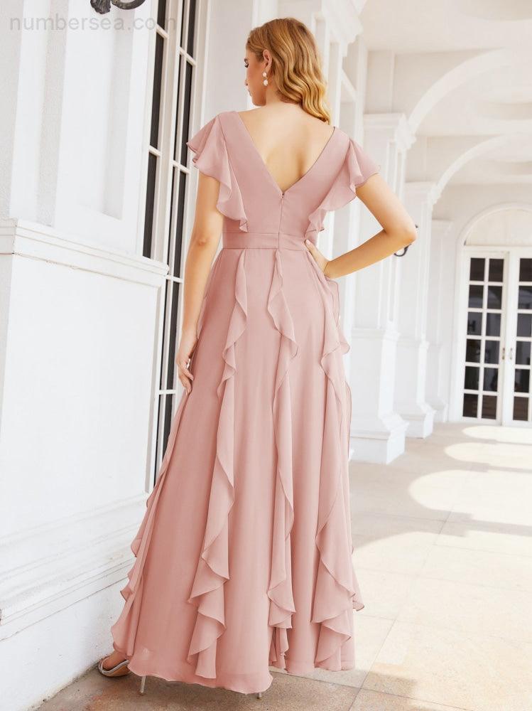 Ruffled Bridesmaid Dresses with Sleeves Long Formal Party Dress 28041-numbersea