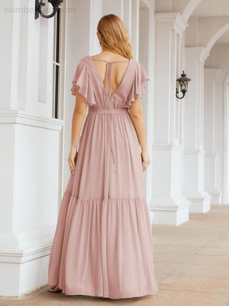Numbersea Women's Open Back Formal Evening Party Prom Gowns V-Neck Long Chiffon Bridesmaid Dresses with Waist Belt 28038-numbersea