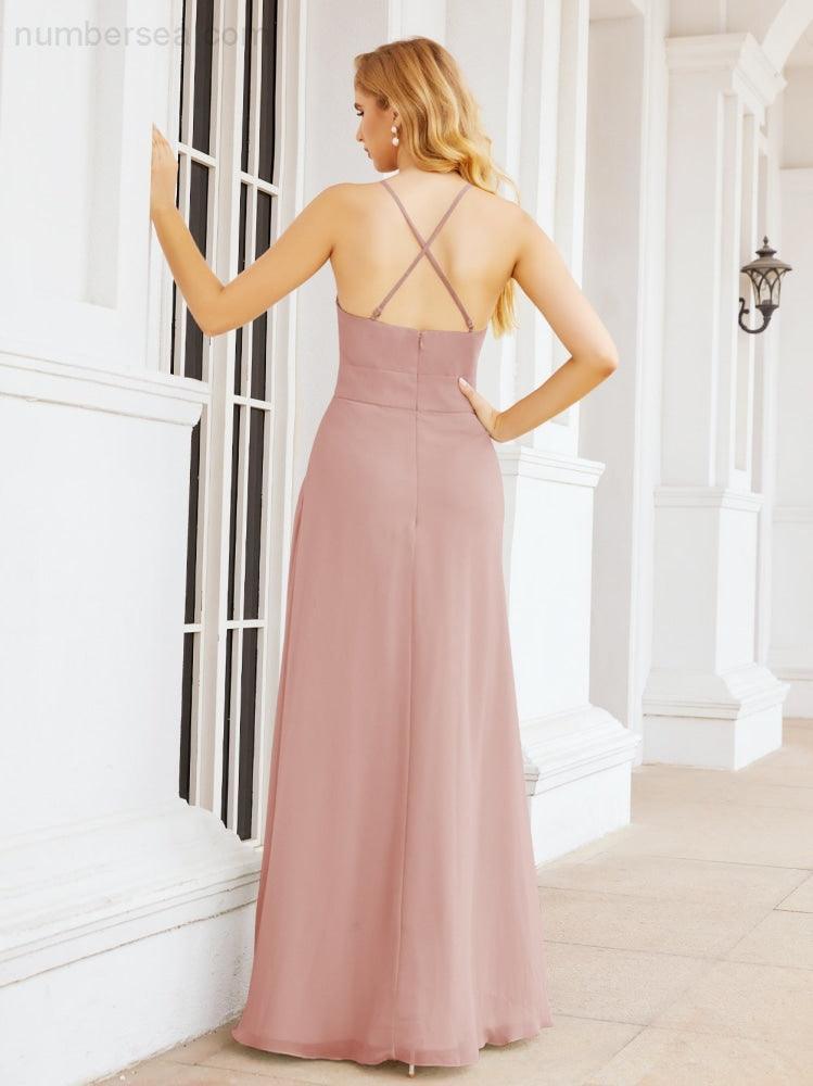 Numbersea Halter Bridesmaid Dresses with Pockets Sleeveless Formal Evening Party Prom Gowns 28055-numbersea