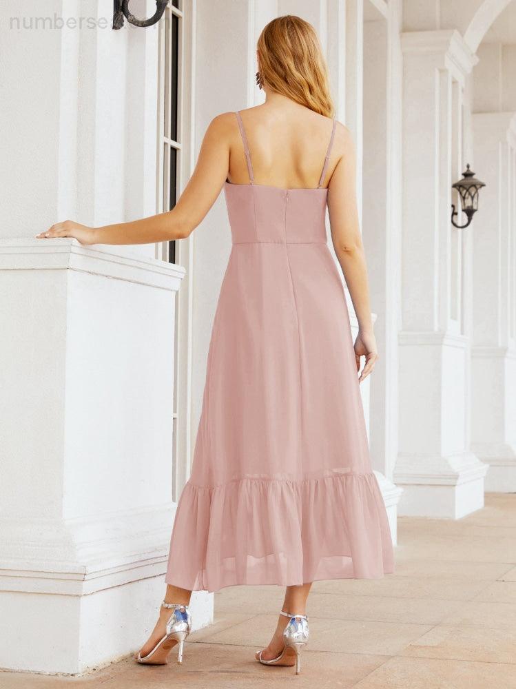 Numbersea Women Strap Chiffon Bridesmaid Dress Ankle Length Sleeveless Blackless Ruffle A Line