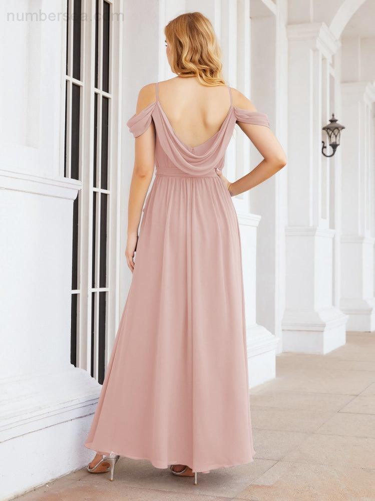 Numbersea Off The Shoulder Chiffon Bridesmaid Dress Long Formal Graduation Gown with Cowl Back 28069-numbersea