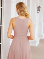 Numbersea Ladies Sleeveless Round Neck Chiffon Beaded and Floor Length Bridesmaid Dress Party Wedding Prom Evening Dress 28076 - numbersea