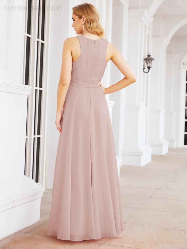 Numbersea Ladies Sleeveless Round Neck Chiffon Beaded and Floor Length Bridesmaid Dress Party Wedding Prom Evening Dress 28076 - numbersea